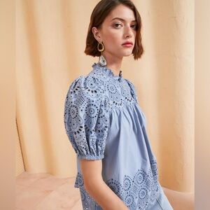 ULLA JOHNSON Mischa Cotton Eyelet Detail Top In Celestine